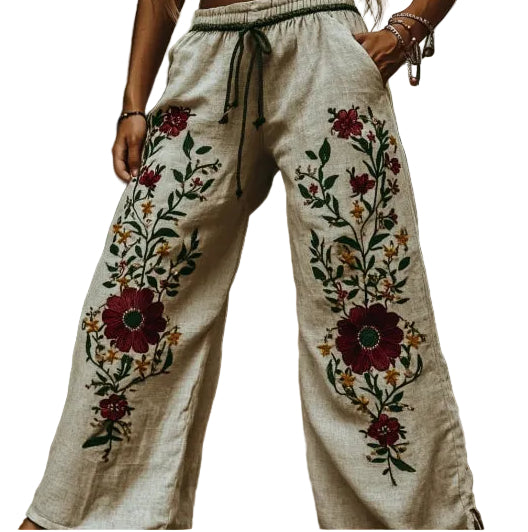 Printed Wide-Leg Linen-Style Pants
