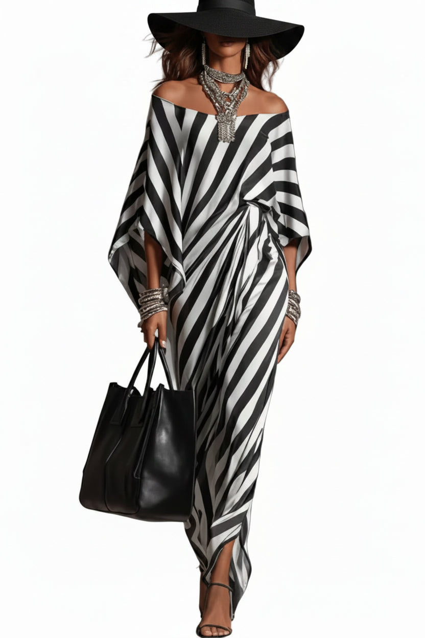 One-Shoulder Twill Robe Dress – Black & White Wide Sleeve Maxi Dress