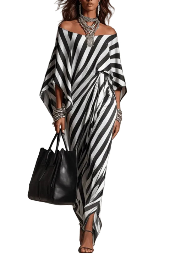 One-Shoulder Twill Robe Dress – Black & White Wide Sleeve Maxi Dress