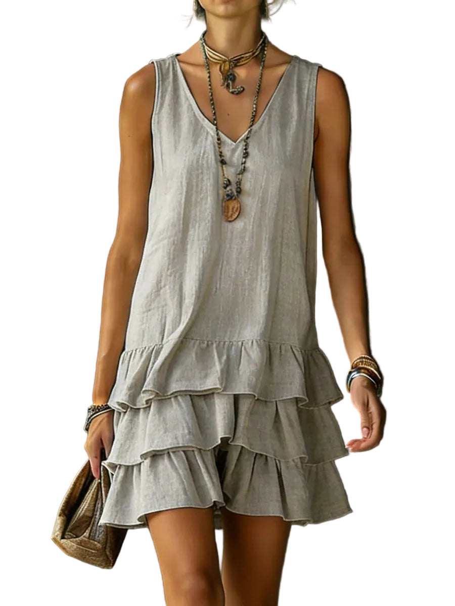 V-Neck Cotton Linen Dress – Sleeveless Elegant Dress for Women