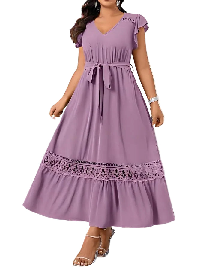 V-Neck Lace Patchwork Dress – Elegant Short Sleeve Dress for Women