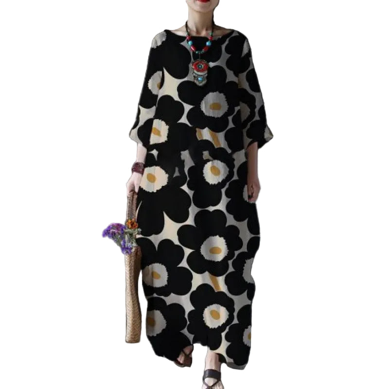 Loose Printed Maxi Dress – Round Neck Long Sleeve Elegant Dress for Women
