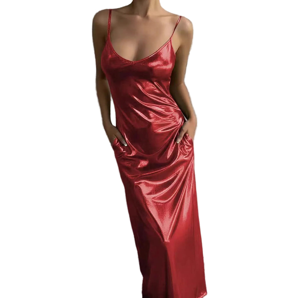 Textured Slip Dress – U-Neck Mirror-Finish Solid Color Dress with Pockets