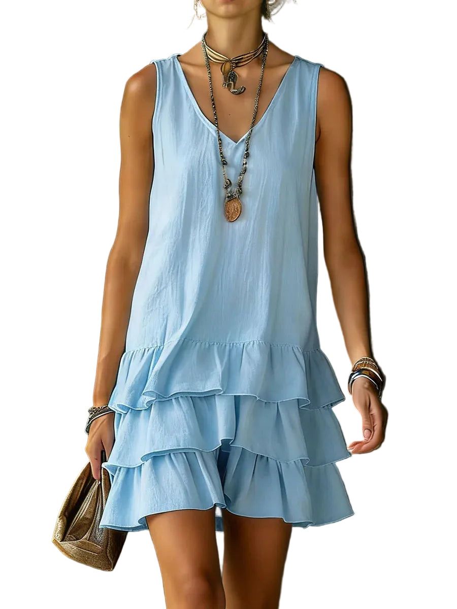 V-Neck Cotton Linen Dress – Sleeveless Elegant Dress for Women