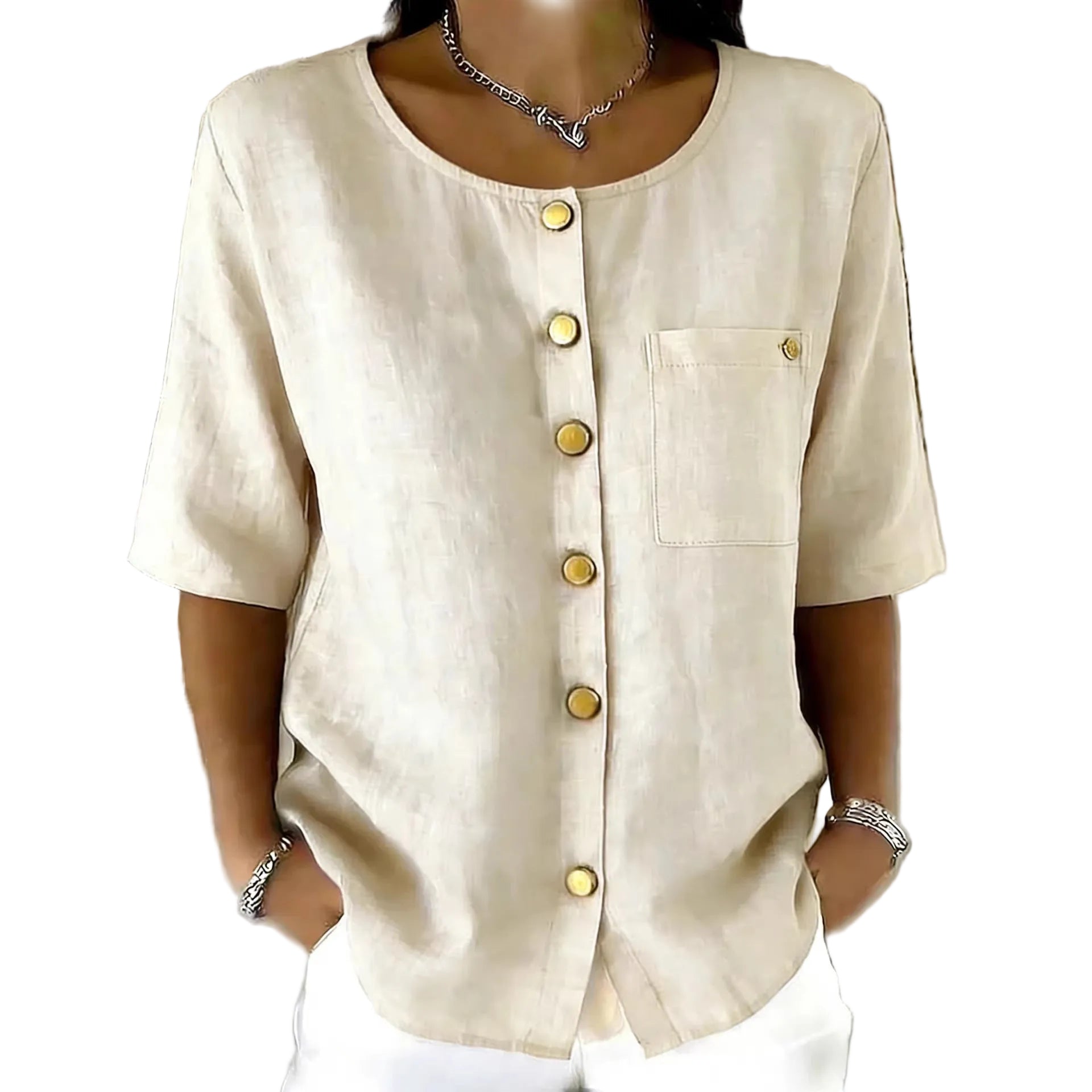Crew-Neck Shirt with Metal Buttons – Three-Quarter Sleeve Top for Women