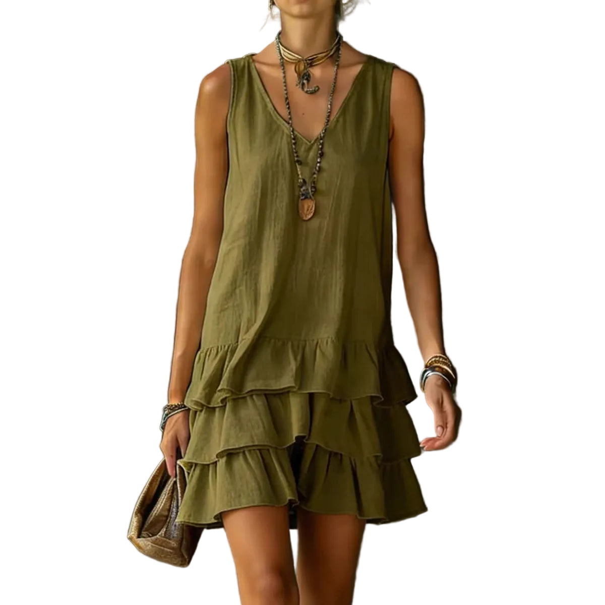 V-Neck Cotton Linen Dress – Sleeveless Elegant Dress for Women