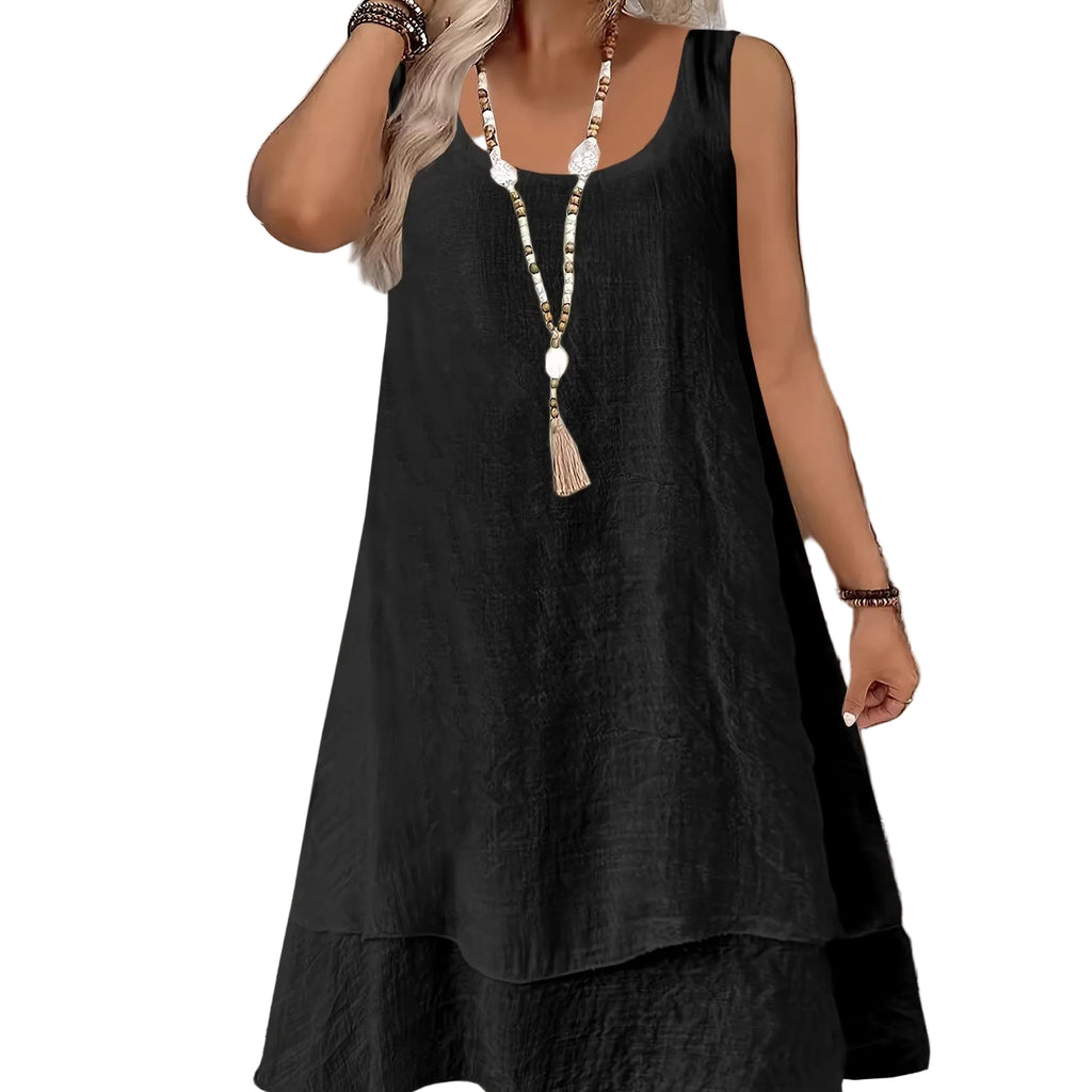 Sleeveless Crew Neck Midi Dress – Elegant Loose Fit Dress for Women