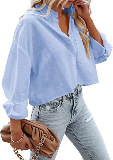 Women’s Chic Cropped Button-Up Shirt – Long Sleeve Casual Outerwear