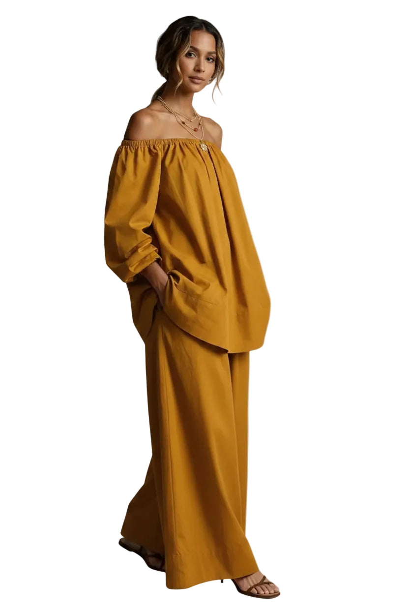 Off-Shoulder Women’s Cotton & Linen Wide-Leg Pants Set