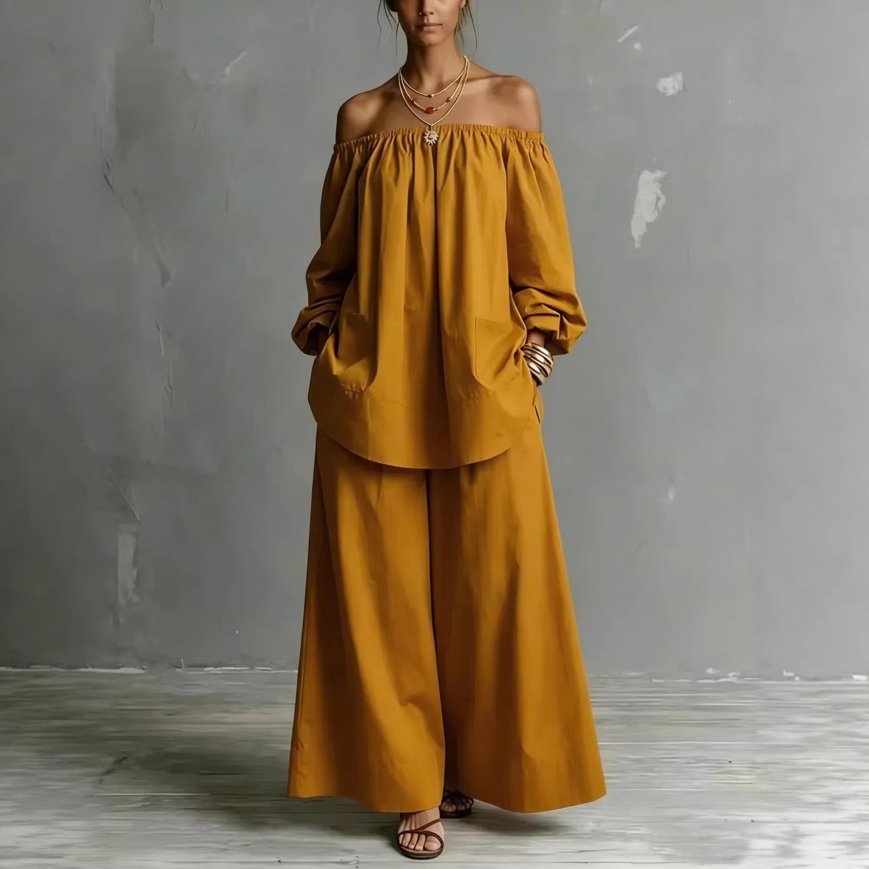 Off-Shoulder Women’s Cotton & Linen Wide-Leg Pants Set