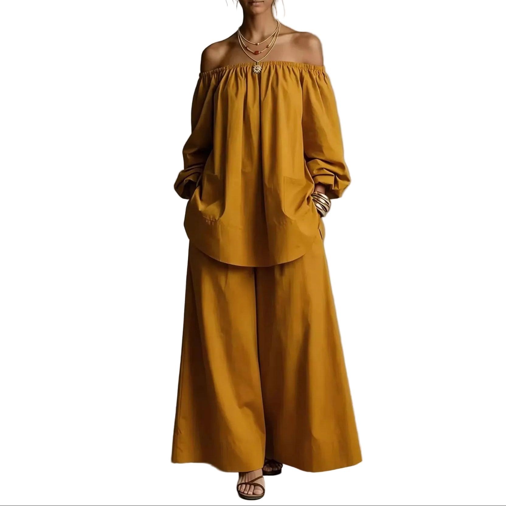 Off-Shoulder Women’s Cotton & Linen Wide-Leg Pants Set