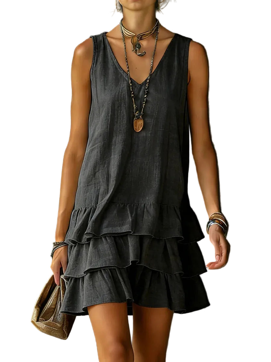 V-Neck Cotton Linen Dress – Sleeveless Elegant Dress for Women