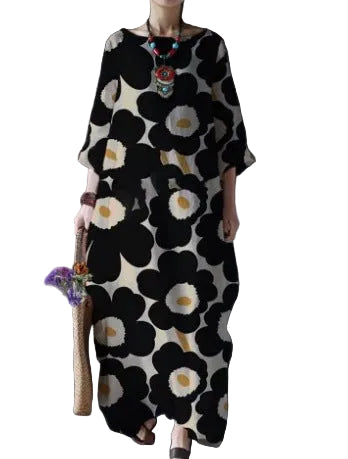 Loose Printed Maxi Dress – Round Neck Long Sleeve Elegant Dress for Women