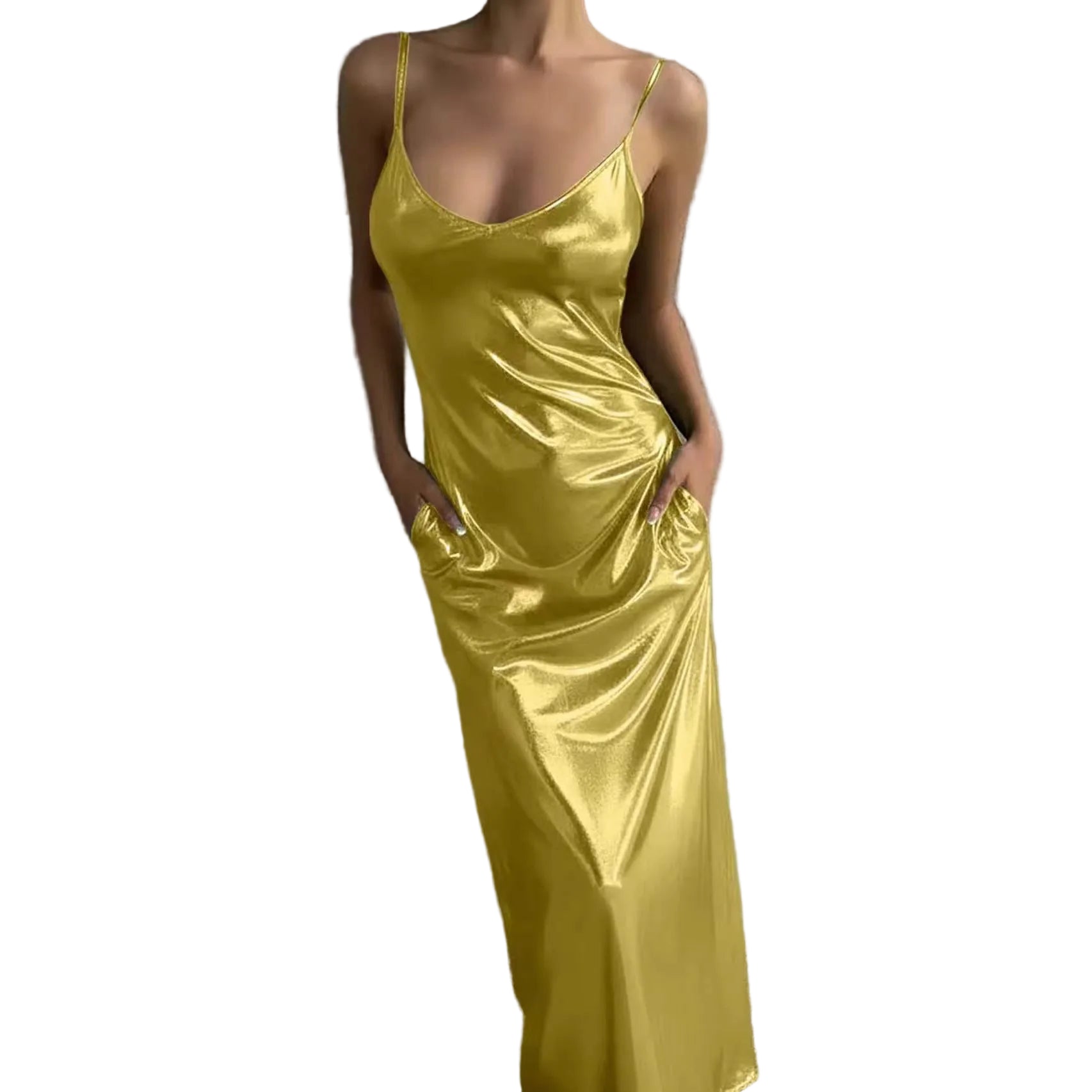 Textured Slip Dress – U-Neck Mirror-Finish Solid Color Dress with Pockets
