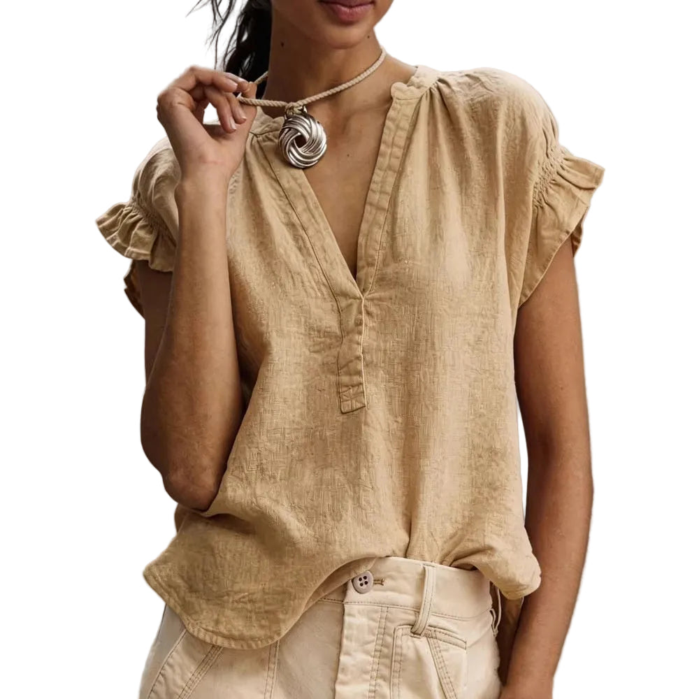 V-Neck Cotton Linen Top – Casual Short Sleeve Elegant Blouse for Women