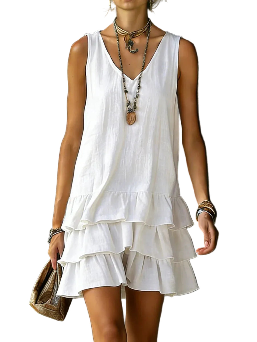 V-Neck Cotton Linen Dress – Sleeveless Elegant Dress for Women