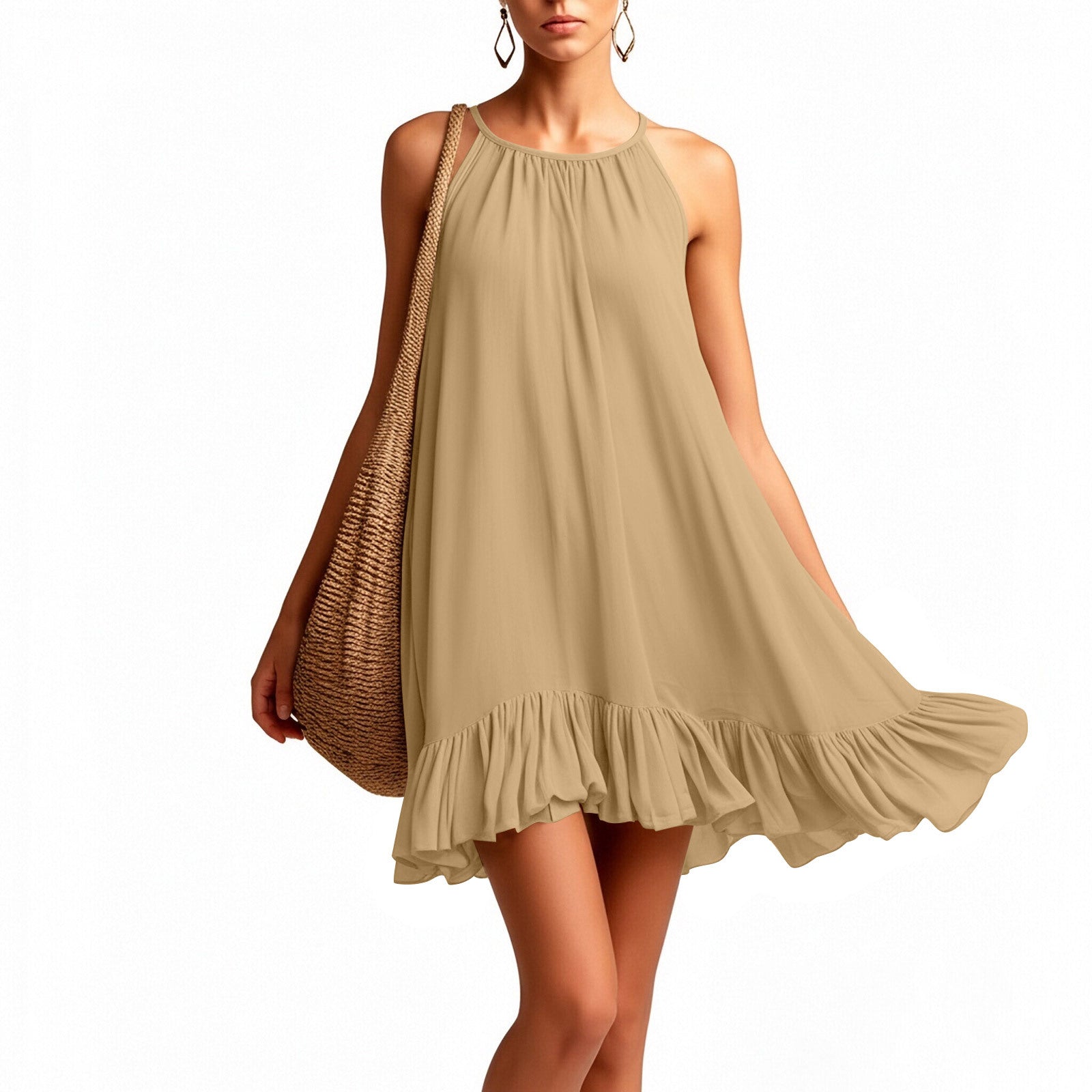 Halterneck Pleated Dress – Sleeveless Elegant Casual Dress for Women