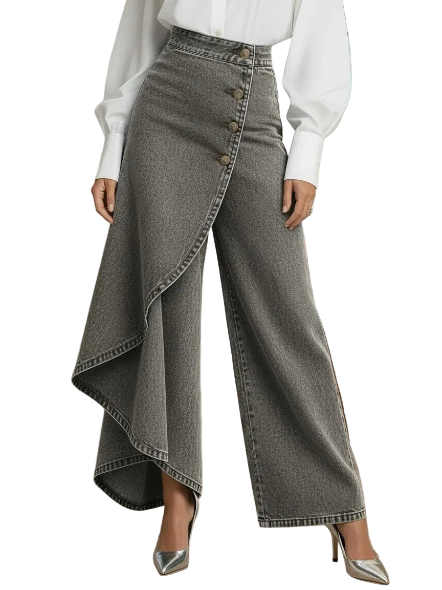 Faux Denim Wide-Leg Statement Pants