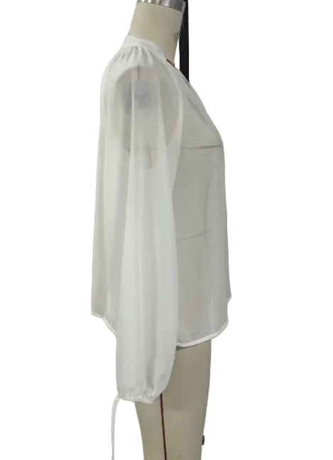 Deep V-Neck Chiffon Blouse – Lantern Sleeve Elegant Top for Women