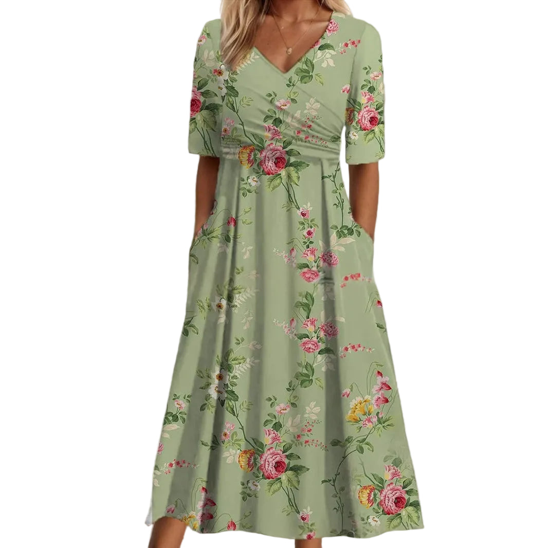 V-Neck Belted Maxi Dress – Short Sleeve Dress with Pockets for Women