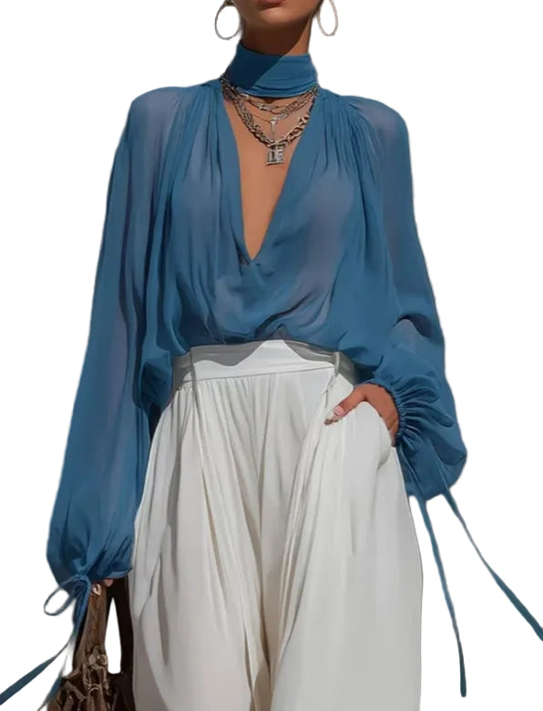 Deep V-Neck Chiffon Blouse – Lantern Sleeve Elegant Top for Women