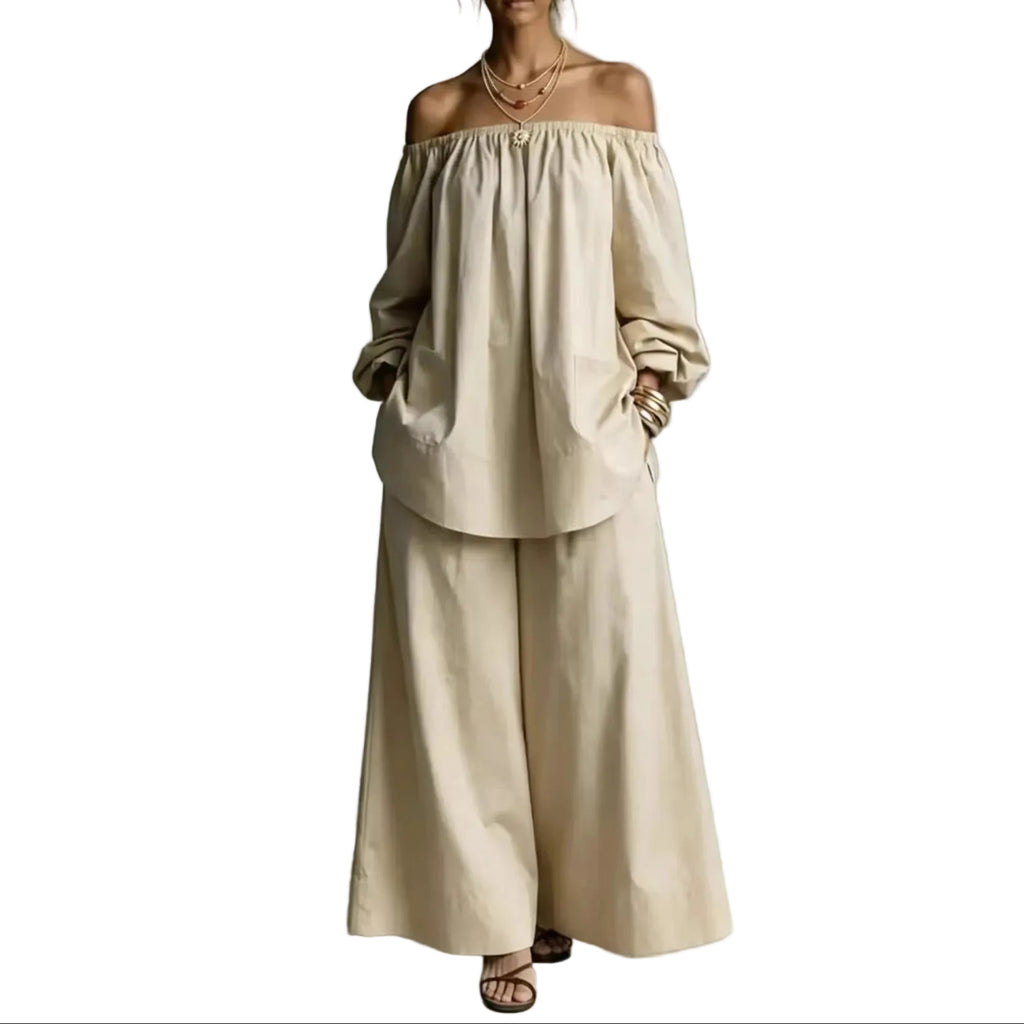 Off-Shoulder Women’s Cotton & Linen Wide-Leg Pants Set