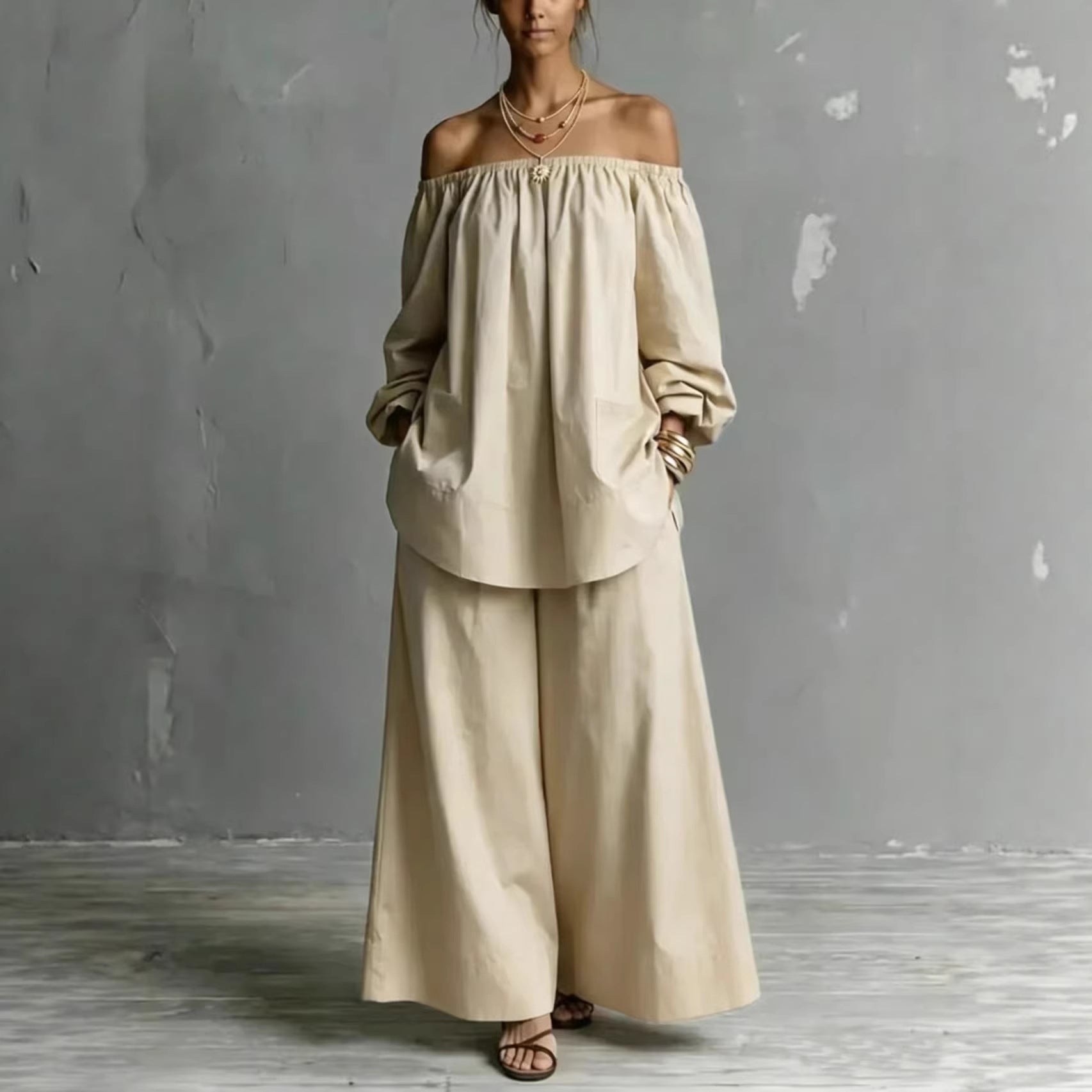 Off-Shoulder Women’s Cotton & Linen Wide-Leg Pants Set