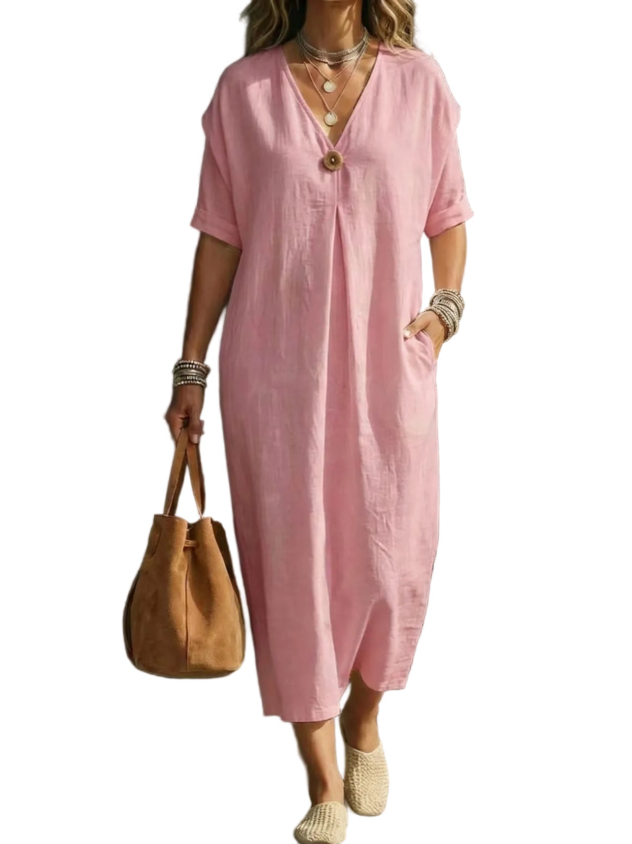 V-Neck Button Dress – Short Sleeve Casual Dress for Women