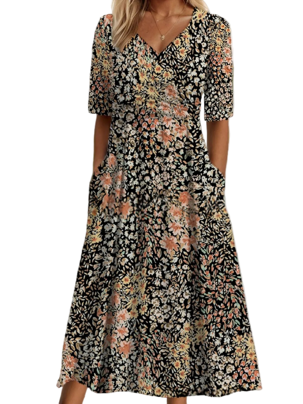 V-Neck Belted Maxi Dress – Short Sleeve Dress with Pockets for Women