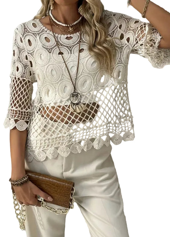 Resort-Style Crochet Top – Hollow-Out Crew Neck Sun-Protective Blouse for Women