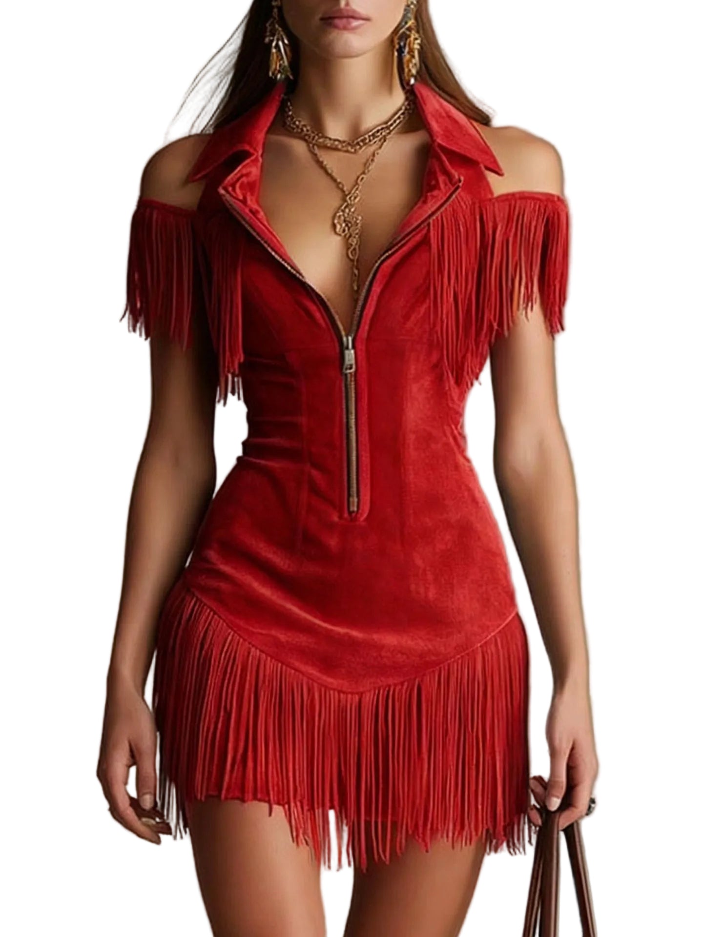 Off-Shoulder Suede Dress – Retro Tassel Elegant Dress for Women