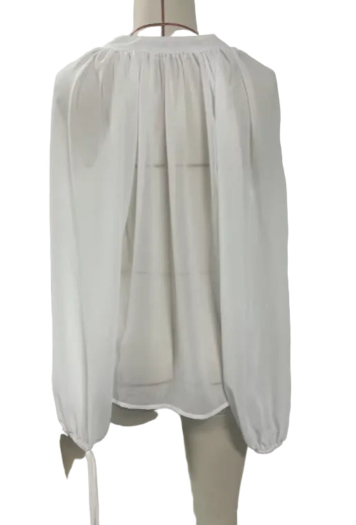 Deep V-Neck Chiffon Blouse – Lantern Sleeve Elegant Top for Women