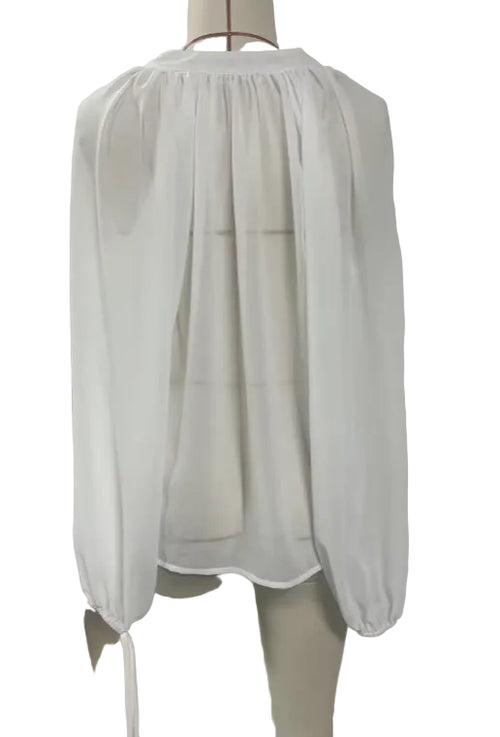 Deep V-Neck Chiffon Blouse – Lantern Sleeve Elegant Top for Women