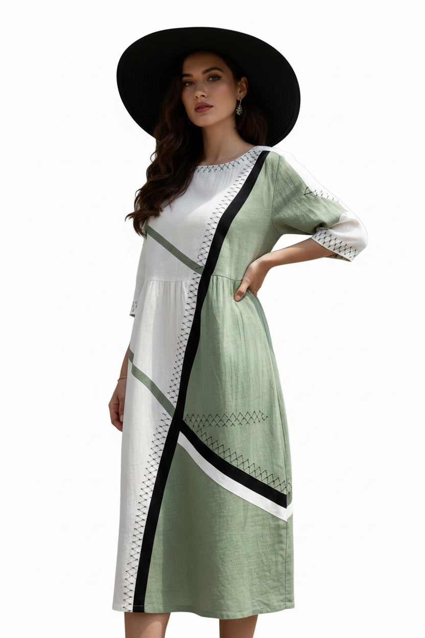 Women's Casual Round Neck Mid Sleeve Printed Cotton Linen Midi Dress