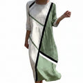 Women's Casual Round Neck Mid Sleeve Printed Cotton Linen Midi Dress
