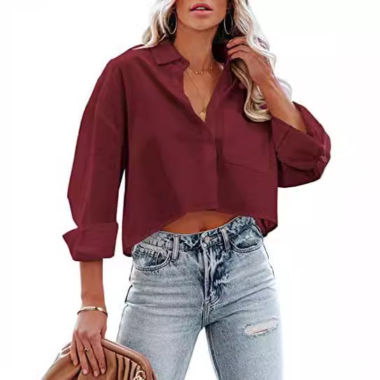 Women’s Chic Cropped Button-Up Shirt – Long Sleeve Casual Outerwear