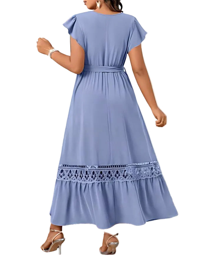 V-Neck Lace Patchwork Dress – Elegant Short Sleeve Dress for Women