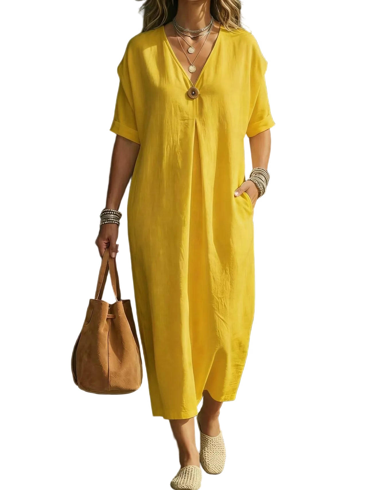 V-Neck Button Dress – Short Sleeve Casual Dress for Women