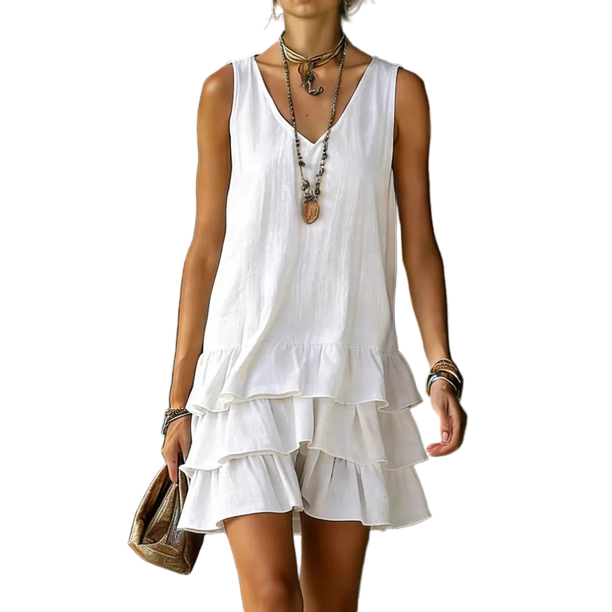 V-Neck Cotton Linen Dress – Sleeveless Elegant Dress for Women