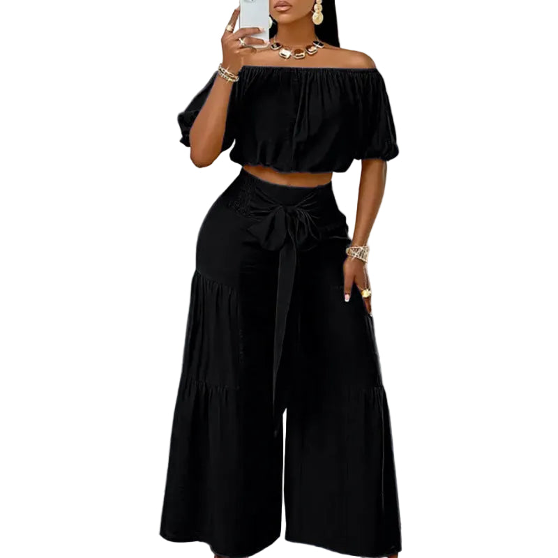 High-Waisted Flared Pants – Solid Color Tie Detail Elegant Trousers