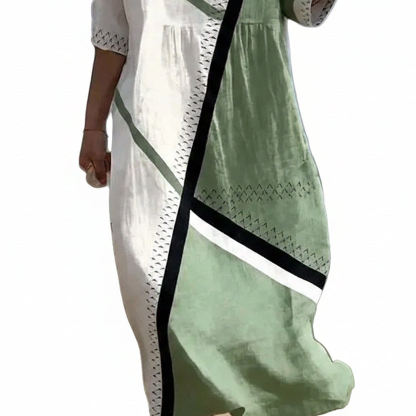 Women's Casual Round Neck Mid Sleeve Printed Cotton Linen Midi Dress