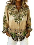 Printed Lapel Shirt – Loose Fit Long Sleeve Blouse for Women