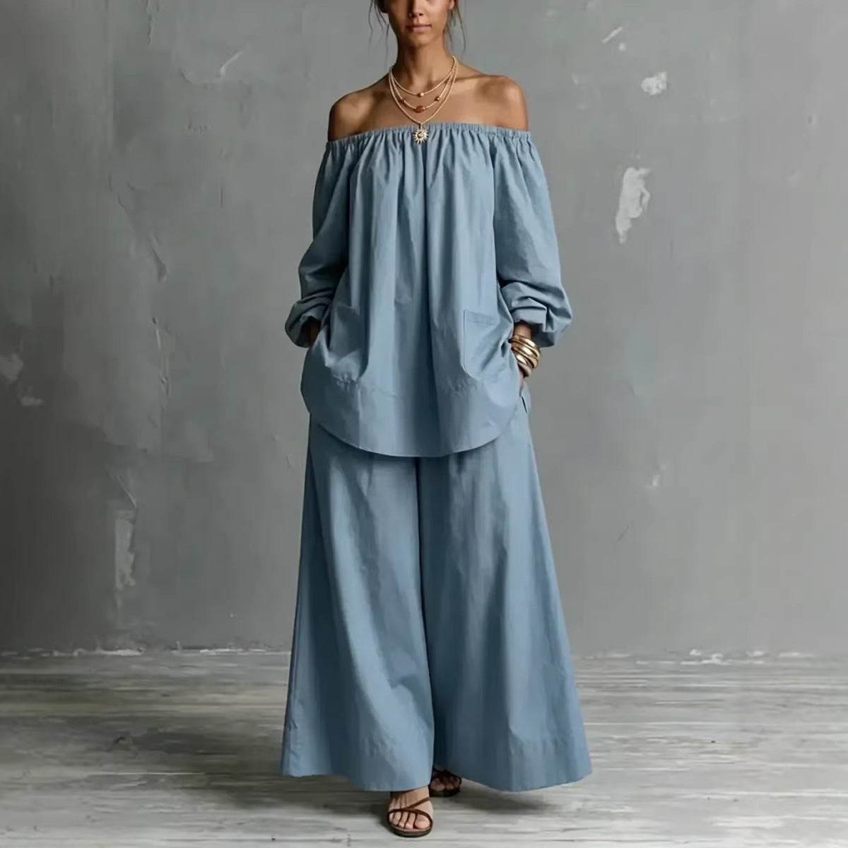 Off-Shoulder Women’s Cotton & Linen Wide-Leg Pants Set