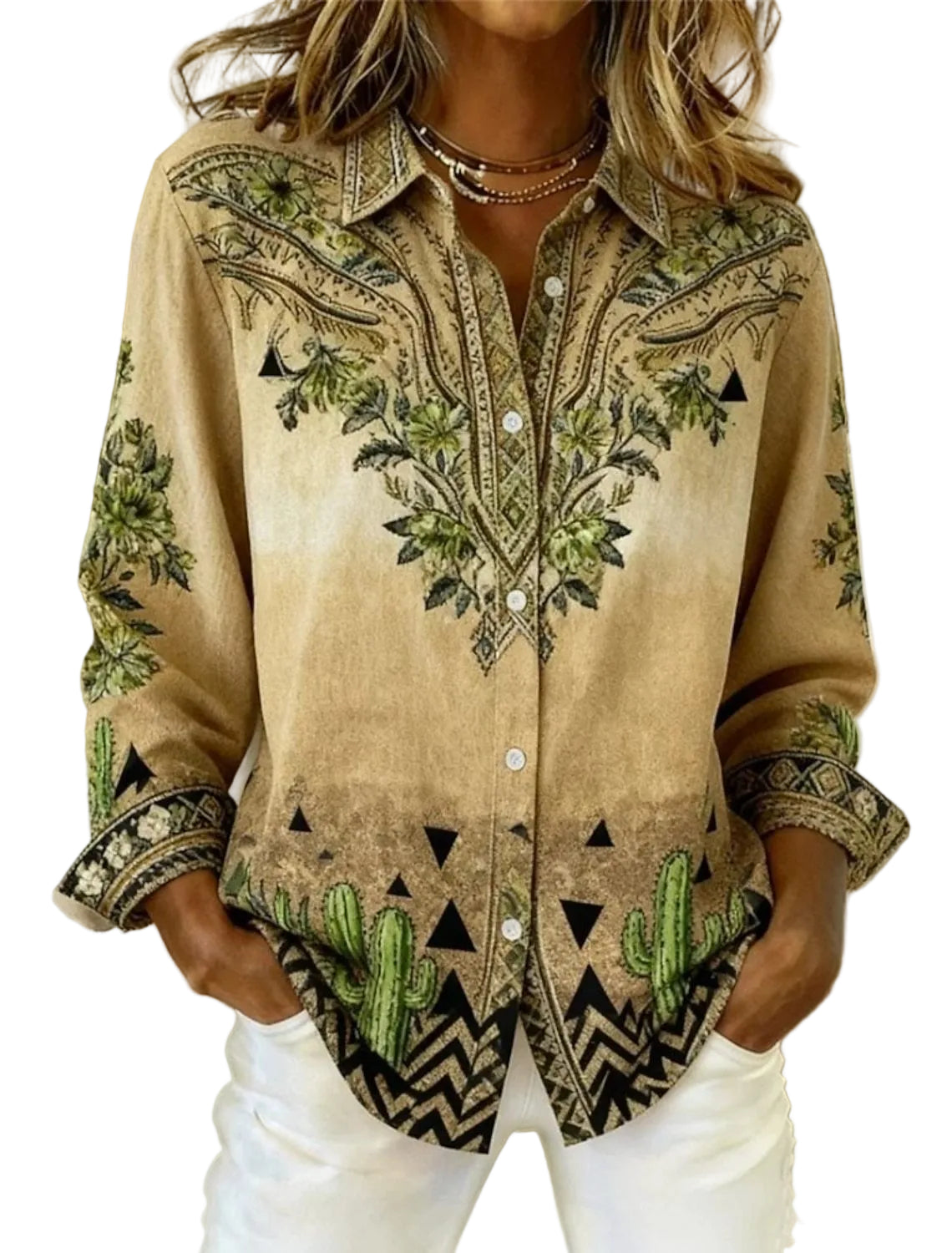 Printed Lapel Shirt – Loose Fit Long Sleeve Blouse for Women