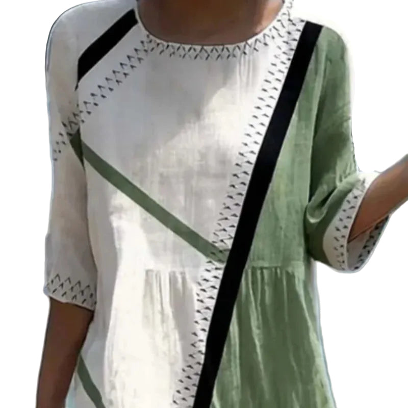 Women's Casual Round Neck Mid Sleeve Printed Cotton Linen Midi Dress