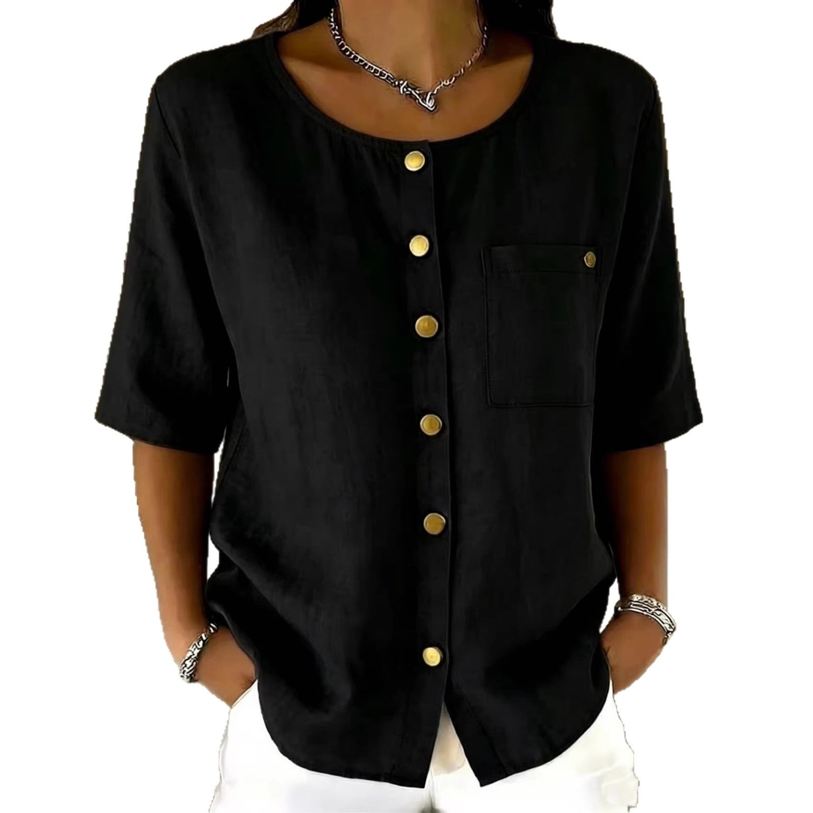 Crew-Neck Shirt with Metal Buttons – Three-Quarter Sleeve Top for Women