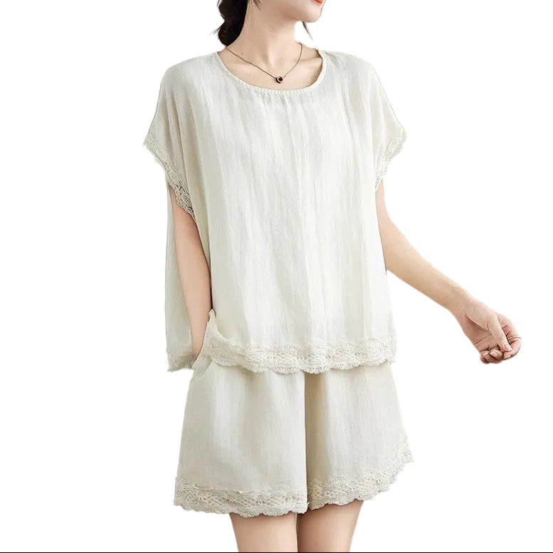 Lace-Trim Two-Piece Set – Loose Fit Elegant Outfit for Women