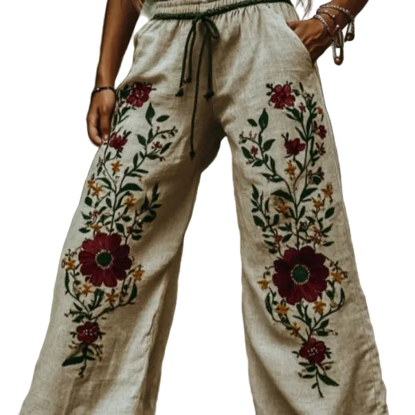 Printed Wide-Leg Linen-Style Pants