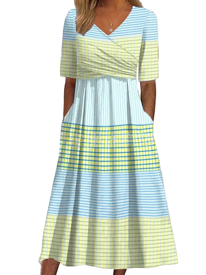 V-Neck Belted Maxi Dress – Short Sleeve Dress with Pockets for Women