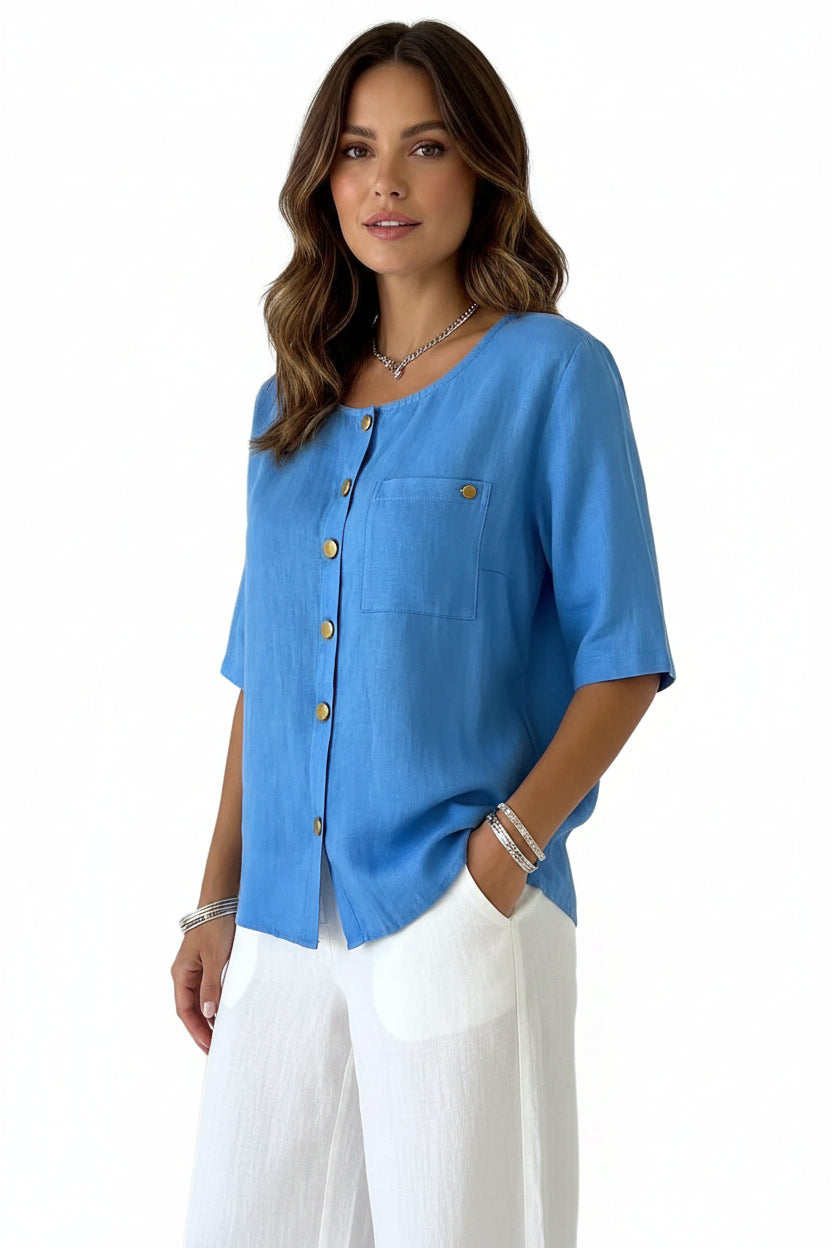 Crew-Neck Shirt with Metal Buttons – Three-Quarter Sleeve Top for Women